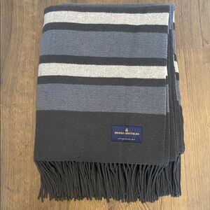 Brooks Brothers Charcoal and Gray Striped Polyester Wool Fringe Throw Blanket